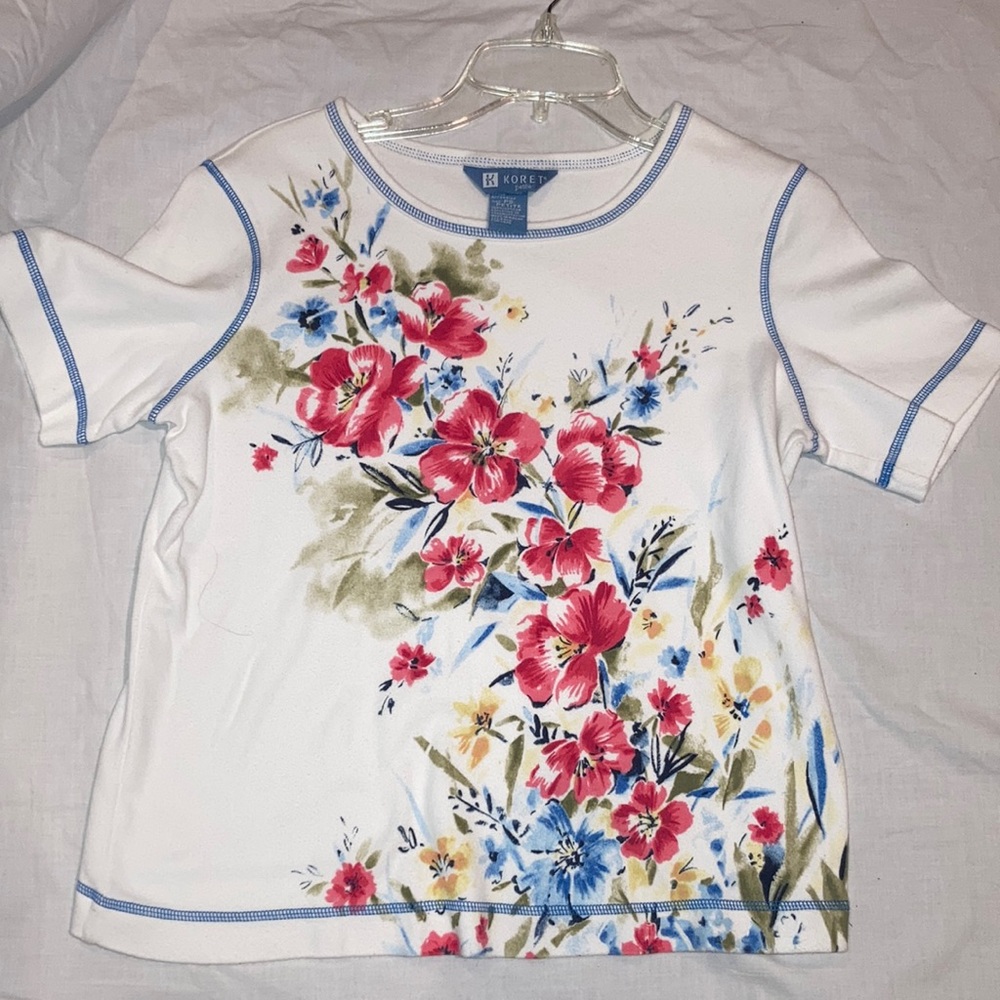 EUC Vintage KORET PETITE 100% Cotton Knit SS SHIRT w/ FLORAL PRINT, Sz PS